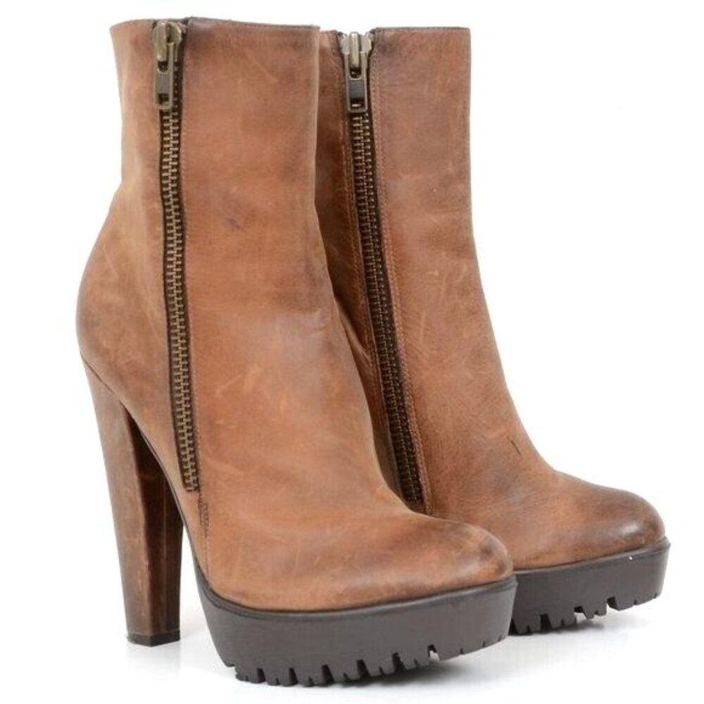 Y2K William Rast Women's 8 Leather Platform Lug Sole Boots Double Zip Coquette
